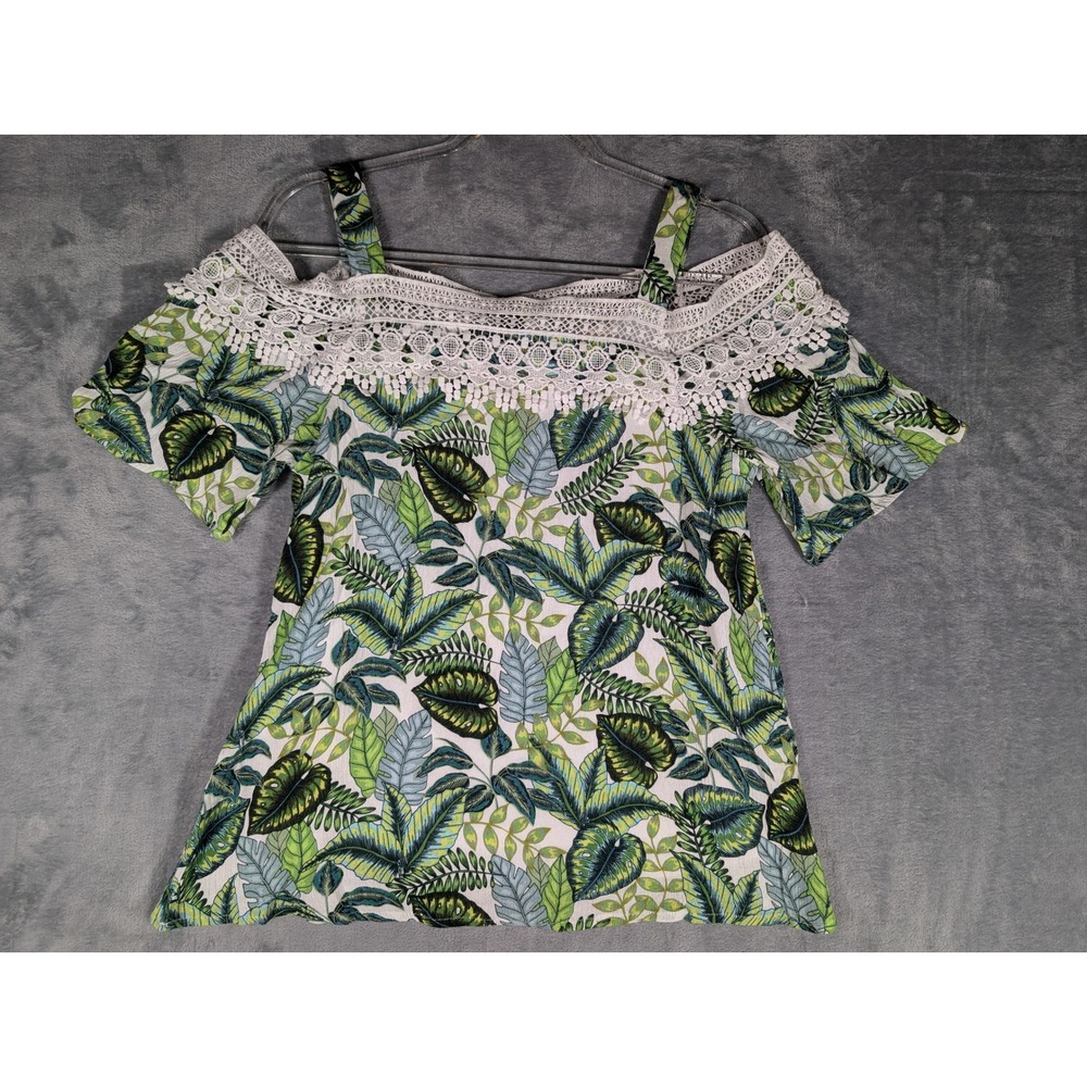 Haley Lynn Womens Small Green Tropical Leaf Cold Shoulder Crochet Lace Boho Top
